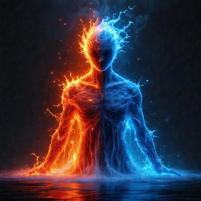The primary subject of the image is a person, possibly a man or a woman, with a blue and red body. The setting is a dark, possibly underwater, environment. The visual style appears to be a digital art or illustration, as the person's body is depicted as a combination of blue and red colors. The overall atmosphere of the image is mysterious and intriguing, as the person's body seems to be a fusion of two different colors.